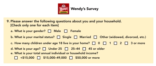 FIGURE 8-19   -Which of the following statements most likely explains why Question 9 in Figure 8-19 above was included in the Wendy's Survey? A) Wendy's wanted to know if both men and women eat there. B) Wendy's wanted to know why people have children under age 18 living at home. C) These personal and household characteristics can be useful in trying to segment the fast-food market. D) Wendy's wants to know how much people make so it knows whether it should take credit cards for purchases. E) Wendy's wanted to send these respondents coupons for the products that would appeal to them most.