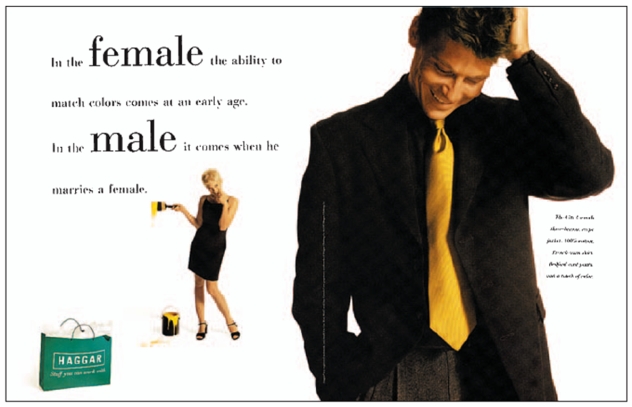 FIGURE 5-13   -The Haggar ad shown in Figure 5-13 above, shows the influence a woman has when buying men's clothing.This is an example of a __________ decision. A) spouse-dominant B) joint C) influencer D) cultural E) cooperative