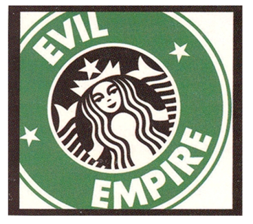FIGURE 3-4   -Figure 3-4 above represents A) Starbuck's promotional logo that coincides with the release of every new Star Wars movie. B) a digitally produced trademark doppleganger. C) Starbuck's  going green  emblem warning customers to recycle their paper cups. D) an accidental reversal of  live  to  evil  that cost the company over $100,000.00 to correct. E) a  knock-off  of the Starbuck's logo that was used in several foreign countries.
