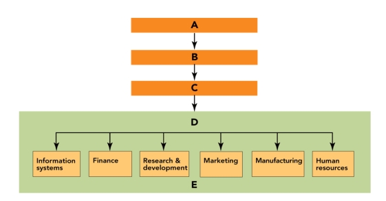 FIGURE 2-1   -In Figure 2-1 above,  C  represents the A) business-unit strategy level. B) board of directors. C) corporate-level strategy level. D) functional-level strategy level. E) chief executive officer.