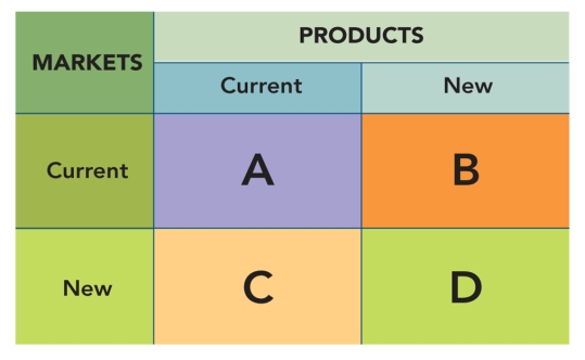 FIGURE 2-7   -Box  C  in Figure 2-7 above represents the marketing strategy of _________. A) product development B) market penetration C) market development D) market reversal E) diversification