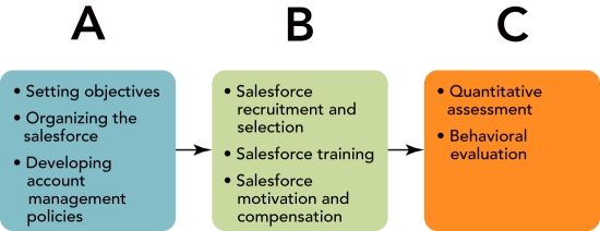   -Figure 17-3 above depicts the sales management process that involves three interrelated functions. C  refers to __________. A) sales plan formulation B) salesforce evaluation C) salesforce determination D) salesforce communication E) sales plan implementation