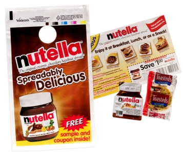   Valassis-Nutella Sales Promotion Image -The Valassis-Nutella sales promotion image above was part of a sales promotion campaign recently conducted by Valassis on behalf of its client Nutella.Valassis is one of the largest full-service marketing service firms in the U.S.Valassis uses free-standing inserts (FSIs) as a key sales promotion tactic.An FSI is a full-color booklet consisting of several pages of advertisements,coupons,and other promotional offers for a product that is inserted within the Sunday newspaper.Valassis created and managed the Nutella<sup></sup> promotion to reach its target market to induce trial of the product.Nutella is a creamy,chocolaty,hazelnut spread that has been imported into the U.S.from Italy.The Valassis polybag contained a 20-gram  Coppetta  packet of Nutella spread,a cracker,a Nutella coupon,and a product brochure that were delivered to consumers' doors.What type of sales promotion has just been described? A) product placement B) sample C) premium D) sweepstakes E) deal