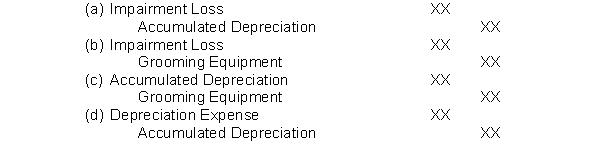 Use the following information for questions  Pierre's Pet Shop Limited bought new grooming equipment on January 1, 2012 for $13,000. The useful life is estimated to be 3 years with a residual value of $1,000. The company uses straight-line depreciation. On January 1, 2013, Pierre determined that the value of the equipment is impaired, as its recoverable amount is expected to be $4,800. -The journal entry to record the impairment would involve debits and credits to the following accounts:   