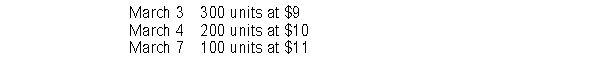 Average Corp purchased inventory as follows:   On March 5, Average sold 400 units for $17 each. The average unit cost to be used for the cost of goods sold on March 5, in a perpetual inventory system, is A) $9.40. B) $9.50. C) $9.67. D) $17.00. 