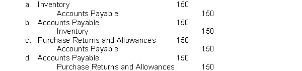 Turner Corporation returned $150 of goods originally purchased on credit from Morgan Industries. Using the periodic Inventory approach, Turner would record this transaction as:  