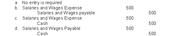 Jill Clown earned a salary of $500 for the last week of October. She will be paid on November 1. The adjusting entry for Jill's employer October 31 is:  