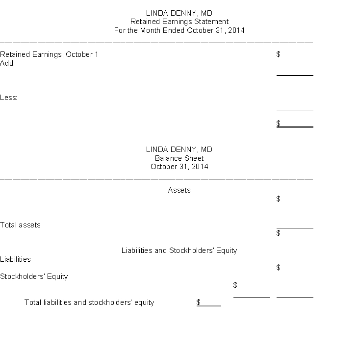 Prepare an income statement and a retained earnings statement, for the month of October, 2014 and a balance sheet at October 31, 2014 for the medical practice of Linda Denny, MD, from the items listed below.     t