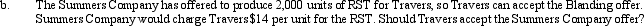 Travers Corporation is working at full production capacity producing 10,000 units of a unique product,RST.Manufacturing costs per unit for RST follow:    The unit manufacturing overhead cost is based on a variable cost per unit of $2 and fixed costs of $30,000 (at full capacity of 10,000 units).The non-manufacturing costs,all variable,are $4 per unit,and the selling price is $20 per unit.A customer,Blanding Company,has asked Travers to produce 2,000 units of a modification of RST to be called XYZ.XYZ would require the same manufacturing processes as RST.Blanding Company has offered to share equally the non-manufacturing costs with Travers.XYZ will sell at $15 per unit. Required:       