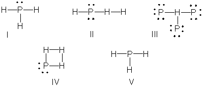 What is the correct Lewis structure for PH<sub>3</sub>?   A)  I B)  II C)  III D)  IV E)  V