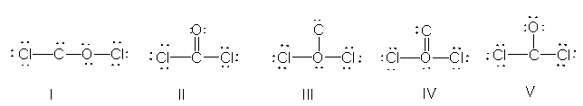 What is the correct Lewis structure for COCl<sub>2</sub>?   A)  I B)  II C)  III D)  IV E)  V