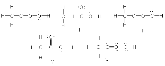 What is the correct Lewis structure for CH<sub>3</sub>CO<sub>2</sub>H?   A)  I B)  II C)  III D)  IV E)  V