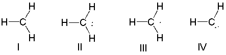 Which of the following structures have a zero formal charge on the carbon atom?   A)  I and III B)  II and III C)  III and IV D)  I and IV E)  II and IV