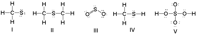 Which of the following structures have a 1- formal charge on the sulfur atom?   A)  I B)  II C)  III D)  IV E)  V