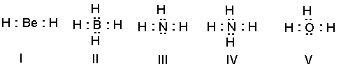 Which of the following structures have 1+ formal charge on the central atom?   A)  I B)  II C)  III D)  III and V E)  IV and V