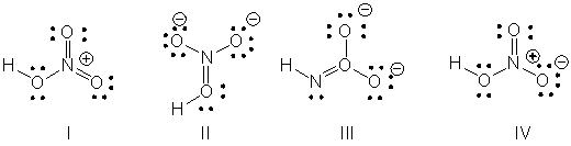 What is the correct Lewis structure for nitric acid, HNO<sub>3</sub>, including the formal charges?   A)  I B)  II C)  III D)  IV E)  None of these