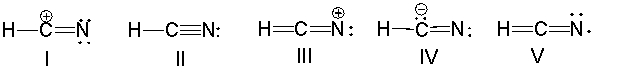 What is the correct Lewis structure for hydrocyanic acid, HCN, including the formal charges, if any?   A)  I B)  II C)  III D)  IV E)  V