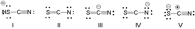What is the correct Lewis structure for SCN<sup>-</sup> including the formal charges, if any?   A)  I B)  II C)  III D)  IV E)  V