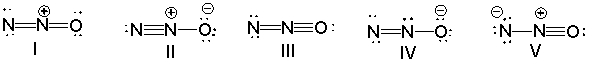 What is the correct Lewis structure for N<sub>2</sub>O including the formal charges, if any?   A)  I B)  II C)  III D)  IV E)  V