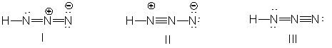 What is the correct Lewis structure for hydrazoic acid, HN<sub>3</sub>, including the formal charges, if any?     A)  I B)  II C)  III D)  IV E)  V