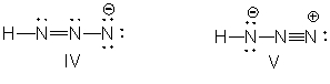 What is the correct Lewis structure for hydrazoic acid, HN<sub>3</sub>, including the formal charges, if any?     A)  I B)  II C)  III D)  IV E)  V