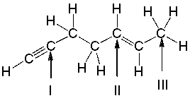 What is the correct order of hybridization state for the numbered carbon atoms in the following compound?   A)  I = sp<sup>3</sup>, II = sp<sup>2</sup>, III = sp B)  I = sp<sup>2</sup>, II = sp, III = sp<sup>2</sup> C)  I = sp, II = sp<sup>2</sup>, III = sp<sup>3</sup> D)  I = sp, II = sp<sup>2</sup>, III = sp E)  I = sp<sup>2</sup>, II = sp<sup>3</sup>, III = sp<sup>2</sup>