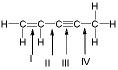 Which is the shortest bond in the following compound?   A)  I B)  II C)  III D)  IV E)  I and III have the same length