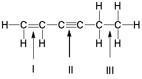 Which is the longest C-C bond in the following compound?   A)  I B)  II C)  III D)  I and III E)  All of these