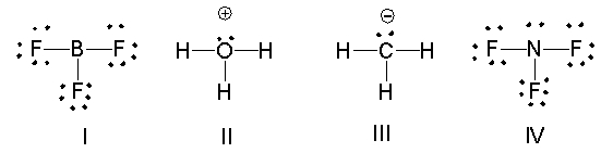 Which of the following compounds have trigonal planar molecular geometry? A) I B) II C) III D) IV E) I and IV