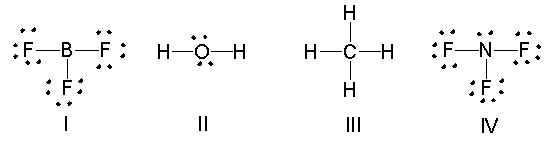 Which of the following compounds have trigonal pyramidal molecular geometry?   A)  I B)  II C)  III D)  IV E)  I and IV