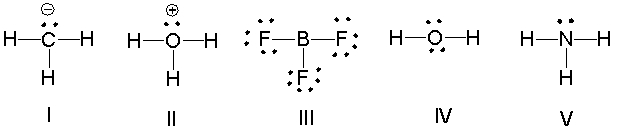 Which of the following compounds have tetrahedral electron geometry?   A)  I, II and III B)  I, II, IV and V C)  III and IV and V D)  IV and V E)  All of these