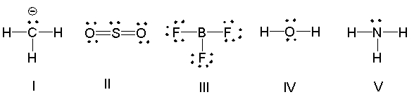 Which of the following compounds have trigonal planar electron geometry?   A)  I, II and III B)  I, II, IV and V C)  III and IV and V D)  II and III E)  All of these