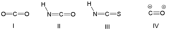 Which of the following compounds have a dipole moment?   A)  II B)  III C)  II and III D)  I, II and III E)  II, III and IV
