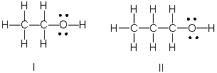 Which of the following is the correct Lewis structure for CH<sub>3</sub>(CH<sub>2</sub>) <sub>2</sub>OH?     A)  I B)  II C)  III D)  IV E)  Both II and III