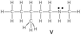 Which of the following is the correct Lewis structure for (CH<sub>3</sub>) <sub>3</sub>C(CH<sub>2</sub>) <sub>2</sub>NHCH<sub>3</sub>?       A)  I B)  II C)  III D)  IV E)  V