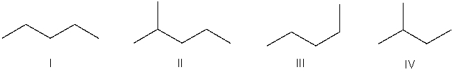 Which of the following bond-line structures are of the same compound?   A)  I and III B)  II and III C)  III and IV D)  II and IV E)  None of these