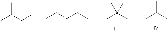 Which of the following is the correct bond-line structure for (CH<sub>3</sub>) <sub>4</sub>C?   A)  I B)  II C)  III D)  IV E)  None of these