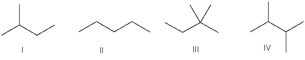 Which of the following is the correct bond-line structure for (CH<sub>3</sub>) <sub>2</sub>CHCH<sub>2</sub>CH<sub>3</sub>?   A)  I B)  II C)  III D)  IV E)  None of these