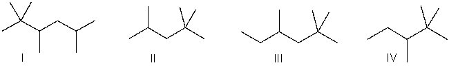 Which of the following is the correct bond-line structure for (CH<sub>3</sub>) <sub>2</sub>CHCH<sub>2</sub>C(CH<sub>3</sub>) <sub>3</sub>?   A)  I B)  II C)  III D)  IV E)  None of these