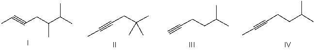 Which of the following is the correct bond-line structure for CH<sub>3</sub>C≡C(CH<sub>2</sub>) <sub>2</sub>CH(CH<sub>3</sub>) <sub>2</sub>?   A)  I B)  II C)  III D)  IV E)  None of these
