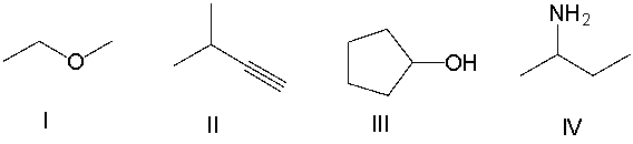 Which of the following compounds contain an alcohol functional group?   A)  I B)  II C)  III D)  IV E)  None of these
