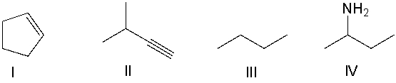 Which of the following compounds contain an alkene functional group?   A)  I B)  II C)  III D)  IV E)  None of these