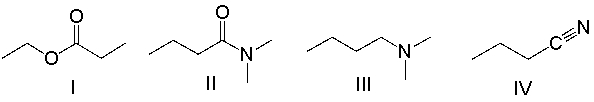 Which of the following compounds contain an amide functional group?   A)  I B)  II C)  III D)  IV E)  Both II and III