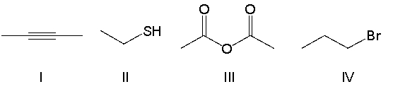 Which of the following compounds contain an anhydride functional group?   A)  I B)  II C)  III D)  IV E)  none of the above