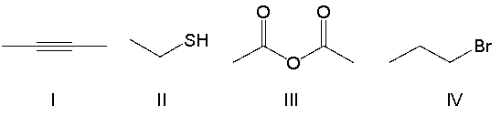 Which of the following compounds contain a thiol functional group?   A)  I B)  II C)  III D)  IV E)  none of the above