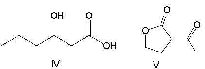 Which of the following compounds have both a ketone and an ester functional group?     A)  I B)  II C)  III D)  IV E)  V