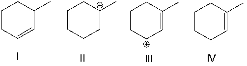 Which of the following is a correct resonance structure for compound A?     A)  I B)  II C)  III D)  IV E)  None of these