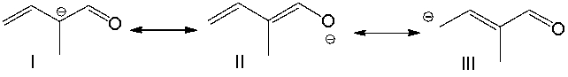 Which of the following is/are the most significant resonance structure(s) ?   A)  I B)  II C)  III D)  I and II E)  all of these