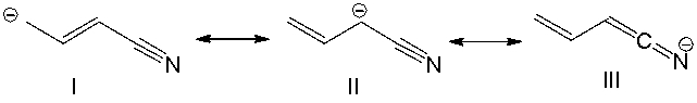 Which of the following is/are the most significant resonance structure(s) ?   A)  I B)  II C)  III D)  I and II E)  all of these
