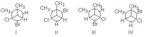 Which of the following is a Newman projection for the following compound as viewed down the indicated bond in the conformation shown?     A)  I B)  II C)  III D)  IV